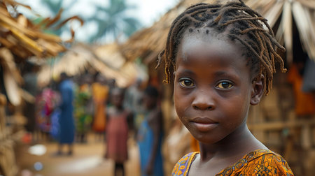 Unidentified Togolese little girl in orange dress at the Lome fetish market. Togo people suffer of poverty due to the bad economyの素材