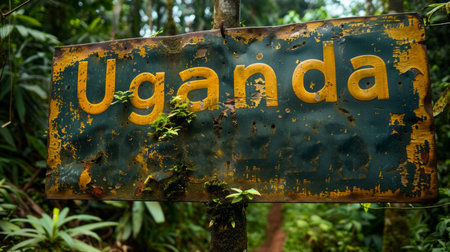 Old rusty sign with the word UGANDA in the jungle.の素材