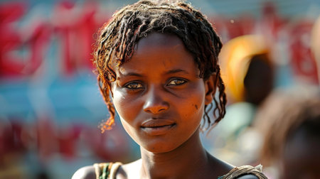 Unidentified Togolese woman portrait at the Lome central market. Togo people suffer of poverty due to the bad economyの素材