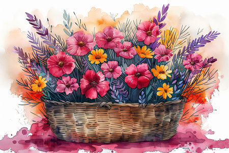 Basket with colorful flowers on watercolor background illustration.の素材