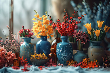 Still life with spring flowers in blue vases on the windowsillの素材