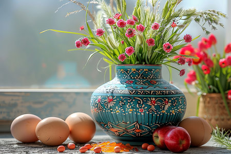 Easter still life with eggs and spring flowers on the windowsillの素材