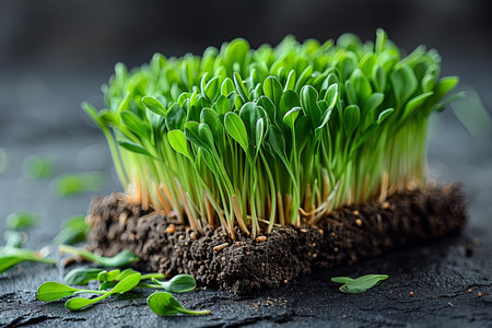 Fresh green microgreen sprouts on black wooden table. Selective focus.の素材