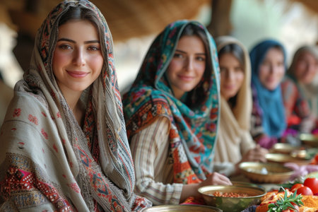 Group of young muslim girls in traditional clothes sitting in a row at a food stallの素材