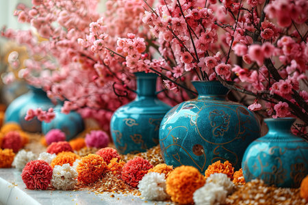 Beautiful jasmine and sakura flowers in blue vasesの素材