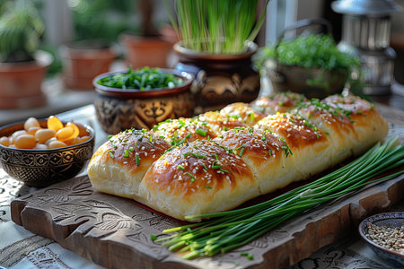 Bread with sesame seeds and chives on a wooden boardの素材