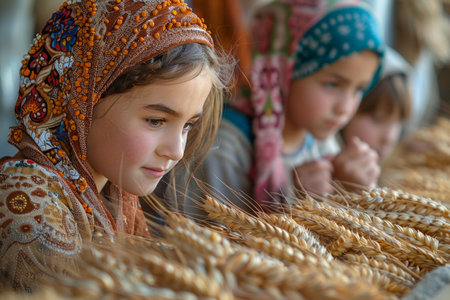 Cute little girls in traditional clothes at the local market. Baku, Azerbaijanの素材