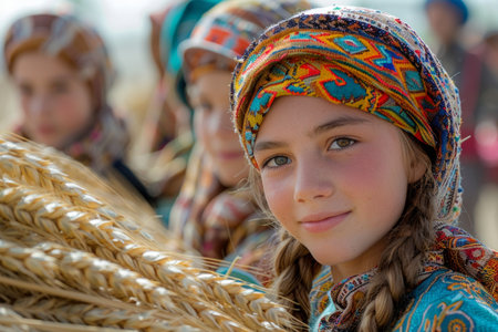 Unidentified girl in traditional Russian clothes on the street of Kamchatka.の素材