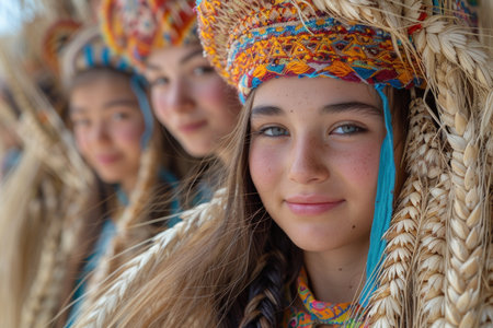 Unidentified young girls in traditional costume at the annual Kamchatka folklore festival.の素材