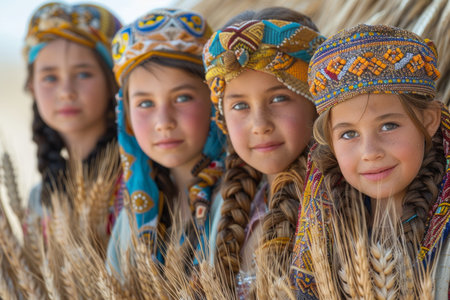 Unidentified children in traditional costume at the Bukhara Festival in Uzbekistanの素材