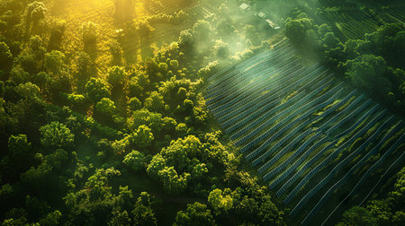Aerial view of solar panel plantation in the morning at sunrise.の素材