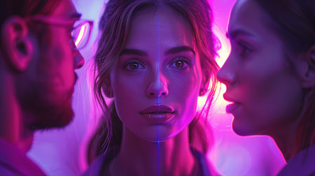 Portrait of beautiful young woman looking at camera while standing in neon light. Relationship., breakup, jealousy, love triangle.の素材