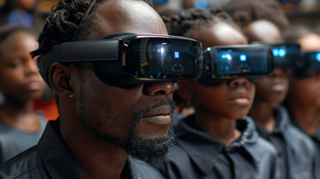 African american group of people wearing virtual reality headset in a movie theater.の素材