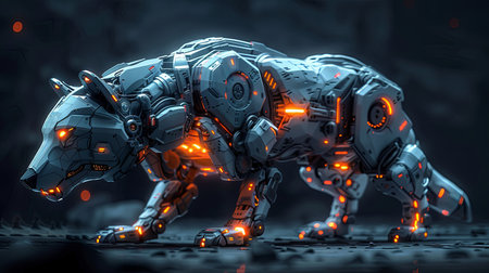 Futuristic robot dog wolf with glowing eyes,  digital illustration.の素材