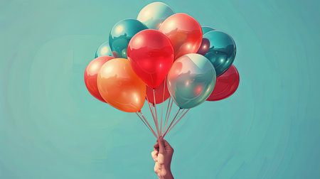 Close up of human hand holding bunch of colorful balloons. Mixed mediaの素材