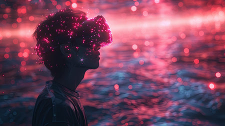 Illlustration of a young asian man wearing virtual reality glasses in the darkの素材