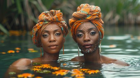 Two beautiful african women in the water in the spa.の素材