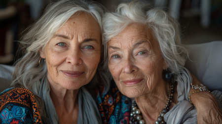 Portrait of senior mother and adult daughter in living room at homeの素材