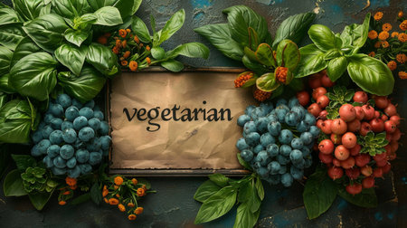 Top view of fresh organic vegetables and herbs with old paper on dark blue background with text vegetarian.の素材