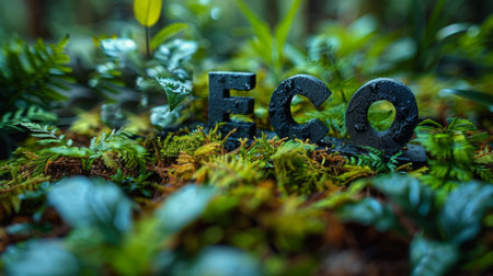 Wooden word Ego on moss in the forest. Selective focus.の素材