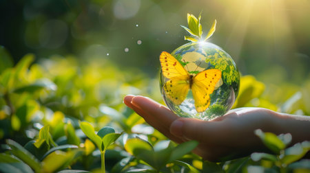 Ecology concept. Human hand holding Earth globe with butterfly on green leaves background.の素材