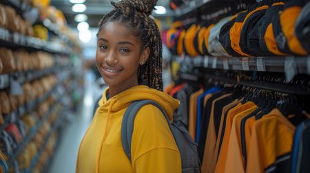 Portrait of smiling african american female customer looking at camera in supermarketの素材