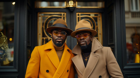 Two stylish african american men in hats and sunglasses walking in the city.の素材