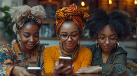 Three young african women sitting in cafe and using mobile phones.の素材