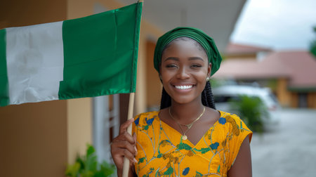 A joyful Nigerian woman wearing a headscarf holds the Nigeria flag with pride, isolated on a white background, exuding happiness and patriotism.の素材