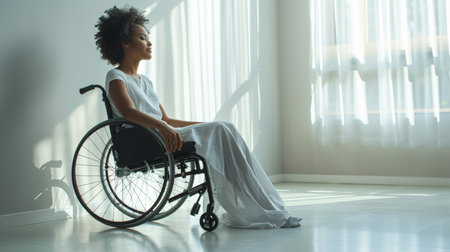Serene young African American woman in a wheelchair sitting by a sunlit window, reflecting on life in a peaceful interior.の素材