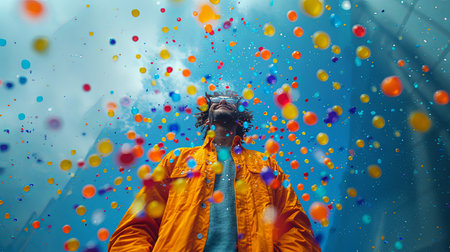 A jubilant young man with glasses celebrates in a shower of multicolored confetti, emanating joy and festivity.の素材