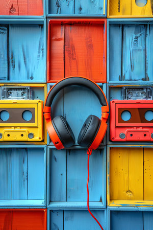 A vibrant art collage featuring a retro audio cassette and headphones with a colorful background evoking nostalgia and the joy of music.の素材