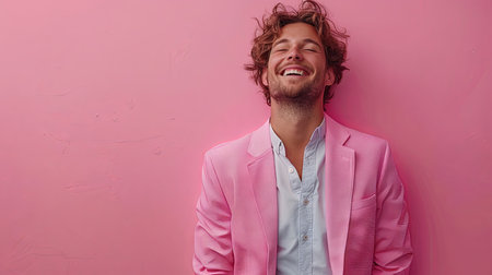 Happy, stylish young man in a pink suit jacket laughing with closed eyes on a vibrant pink backdrop, expressing joy and positivity.の素材