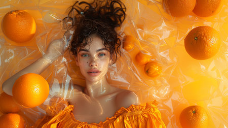 An artistic portrayal of a young woman in a bright orange dress, surrounded by fresh oranges and water droplets, exuding a sense of freshness and vitality.の素材