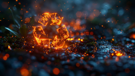 A vibrant abstract background with a bright, glowing recycle symbol representing sustainability and environmental conservation.の素材