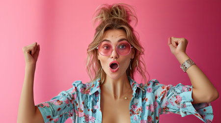 Vibrant image of a surprised and excited young woman with raised fists, celebrating a victory or good news, against a bright pink backdrop.の素材