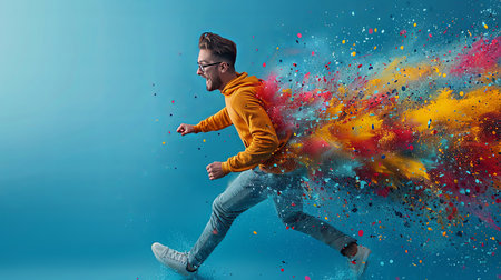 A dynamic and creative photo of a young man seemingly diving into a vivid, colorful explosion of paint against a blue background.の素材