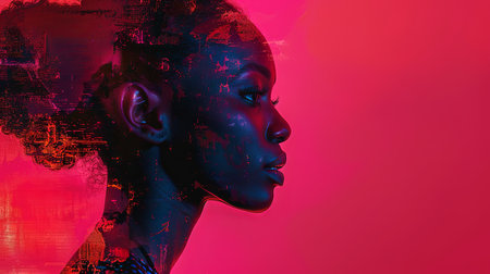 Digital art piece featuring a woman's silhouette against a vivid pink backdrop, exuding a sense of allure and sophistication.の素材