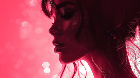 Artistic close-up of an elegant woman's silhouette with sparkling skin bathed in red light, creating a dreamy, romantic atmosphere.の素材