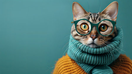Close-up of a cute little kitten clad in a cozy green sweater against a teal colored background.の素材