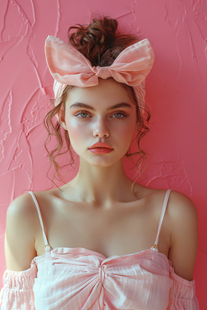 Elegant portrait of a young caucasian woman with a bow headband, posing against a textured pink pastel background.の素材