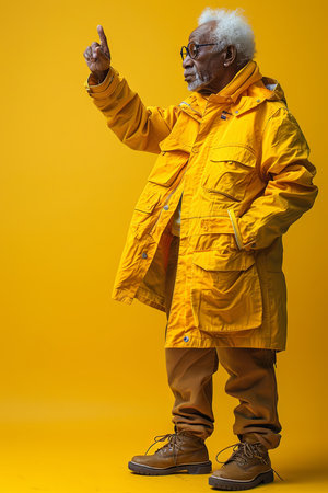 Elegant senior man in a trendy yellow jacket posing against a vibrant yellow background, showcasing timeless style and confidence.の素材