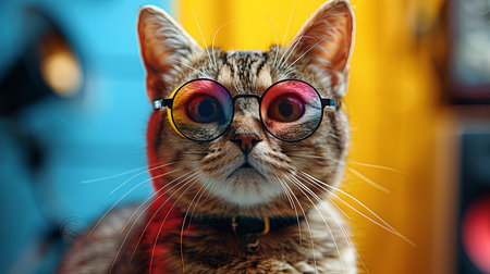 Portrait of a cat with glasses on the background of a blue wallの素材
