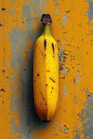 Ripe banana on the background of an old wall with peeling paintの素材