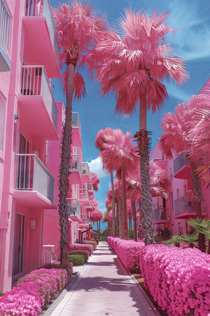 Tropical resort with palm trees and flowers. 3d renderの素材