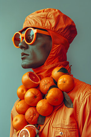 A modern art collage featuring a man adorned with fresh oranges, wearing vibrant orange glasses and jacket, emanating a cool and quirky vibe.の素材