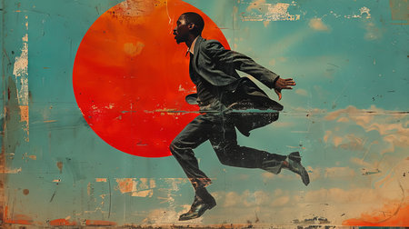 A dynamic photo collage featuring a man jumping in front of a stylized retro orange sun, conveying movement and energy with a vintage flare.の素材