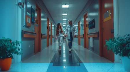 Male physiotherapist guiding a female patient through a rehabilitation walk in a brightly lit modern hospital corridor, depicting healthcare and recovery.の素材