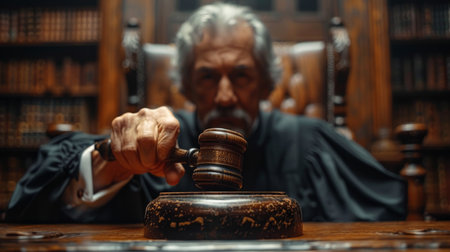 Judge in a courtroom wielding a gavel, exemplifying law, authority, and the gravity of judicial proceedings.の素材