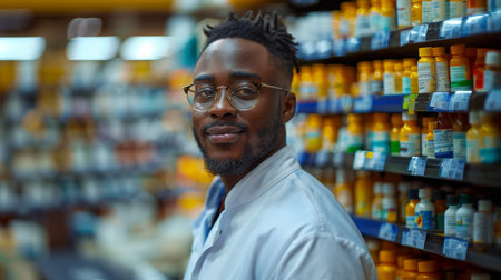Professional African American male pharmacist standing confidently in a well-stocked pharmacy. Focus on healthcare, professionalism, and customer service.の素材